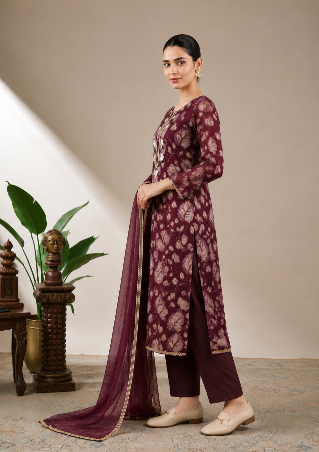 Wine Bloom Elegance Unstitched Suit Set