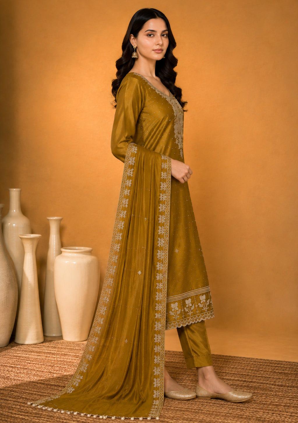 Mustard Designer Modal Silk Unstitched Suit Set