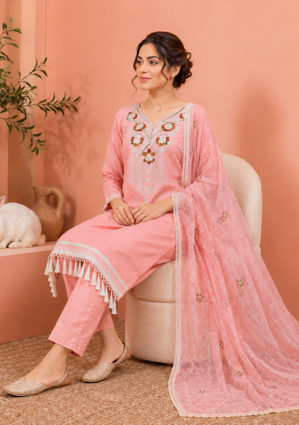 Peach Pink Embroidered Unstitched Suit Set with Designer Embroidered Dupatta
