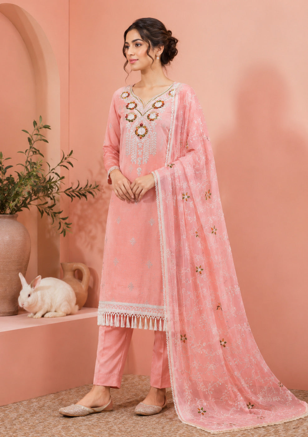 Peach Pink Embroidered Unstitched Suit Set with Designer Embroidered Dupatta