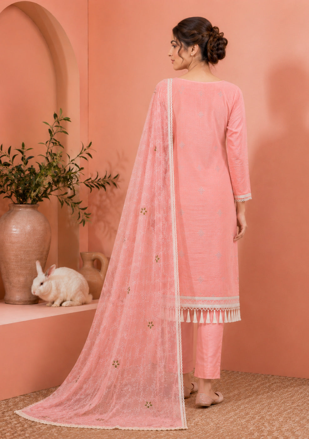 Peach Pink Embroidered Unstitched Suit Set with Designer Embroidered Dupatta