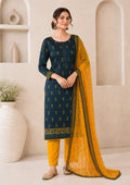 Teal Blue & Mustard Printed Unstitched Cotton Suit Dress Material
