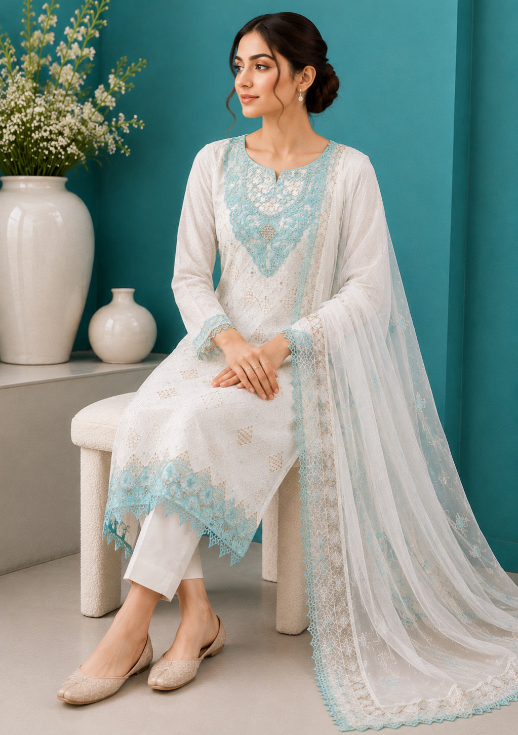 Ivory Sky Elegance Unstitched Suit Set