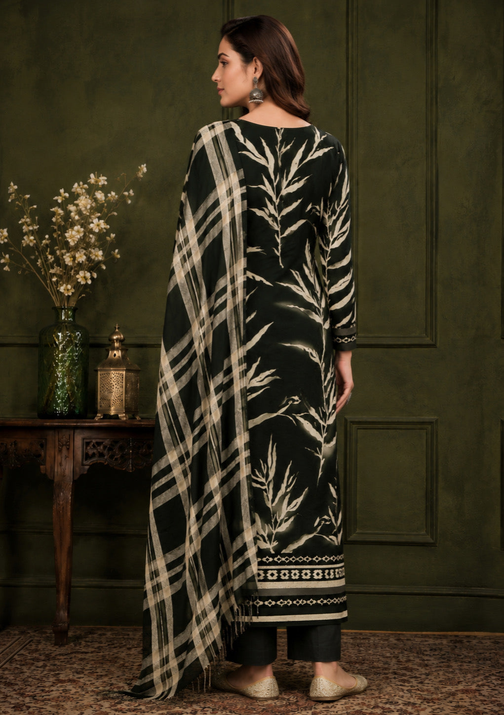 Olive Green Heritage Shawl Unstitched Suit Set