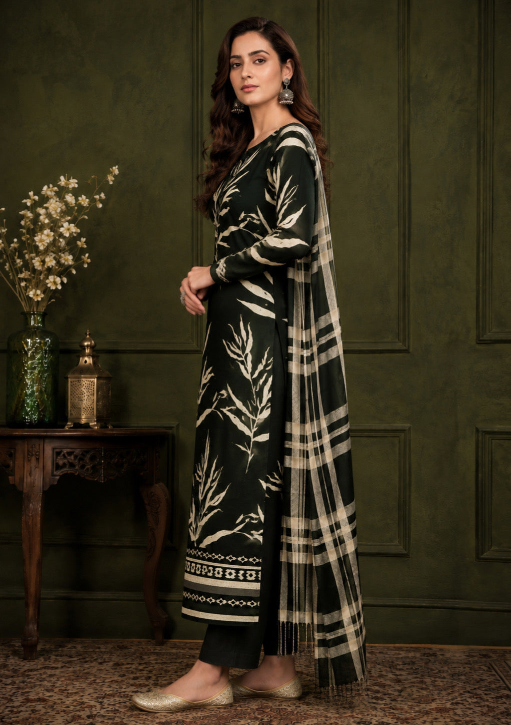 Olive Green Heritage Shawl Unstitched Suit Set