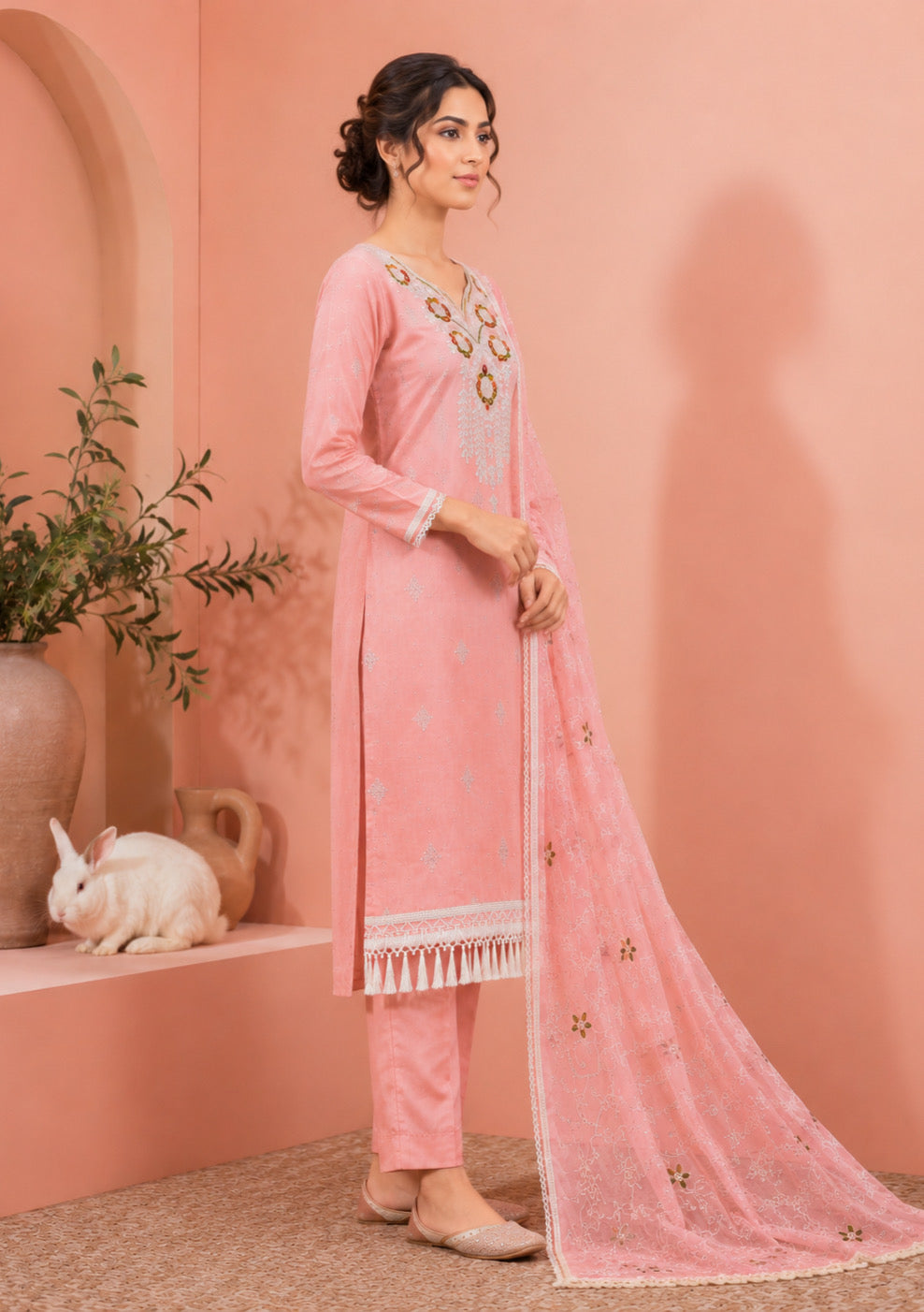 Peach Pink Embroidered Unstitched Suit Set with Designer Embroidered Dupatta