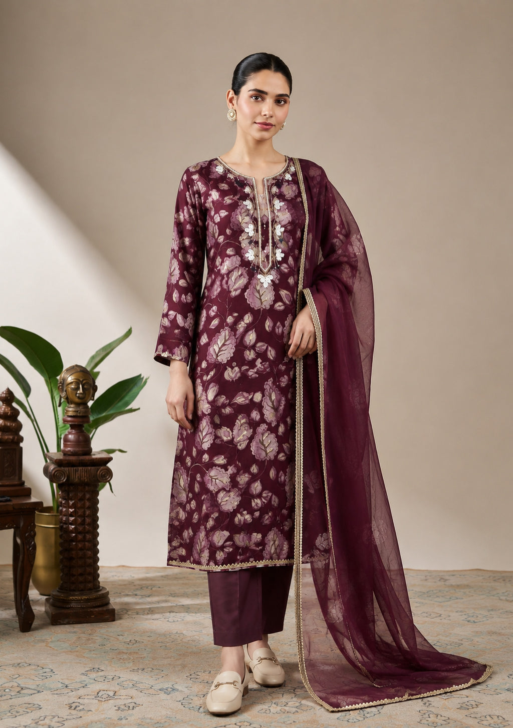Wine Bloom Elegance Unstitched Suit Set