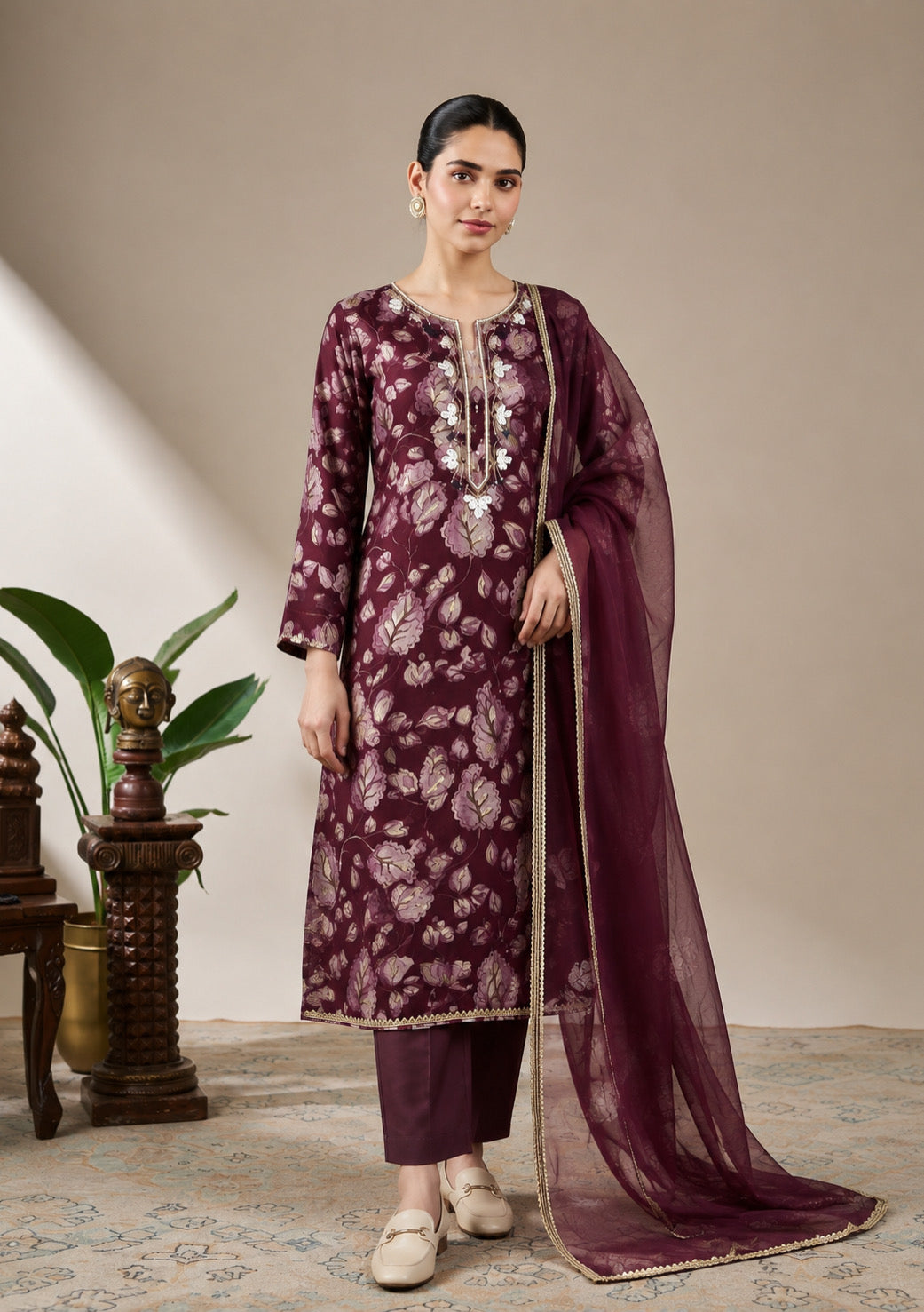 Wine Bloom Elegance Unstitched Suit Set