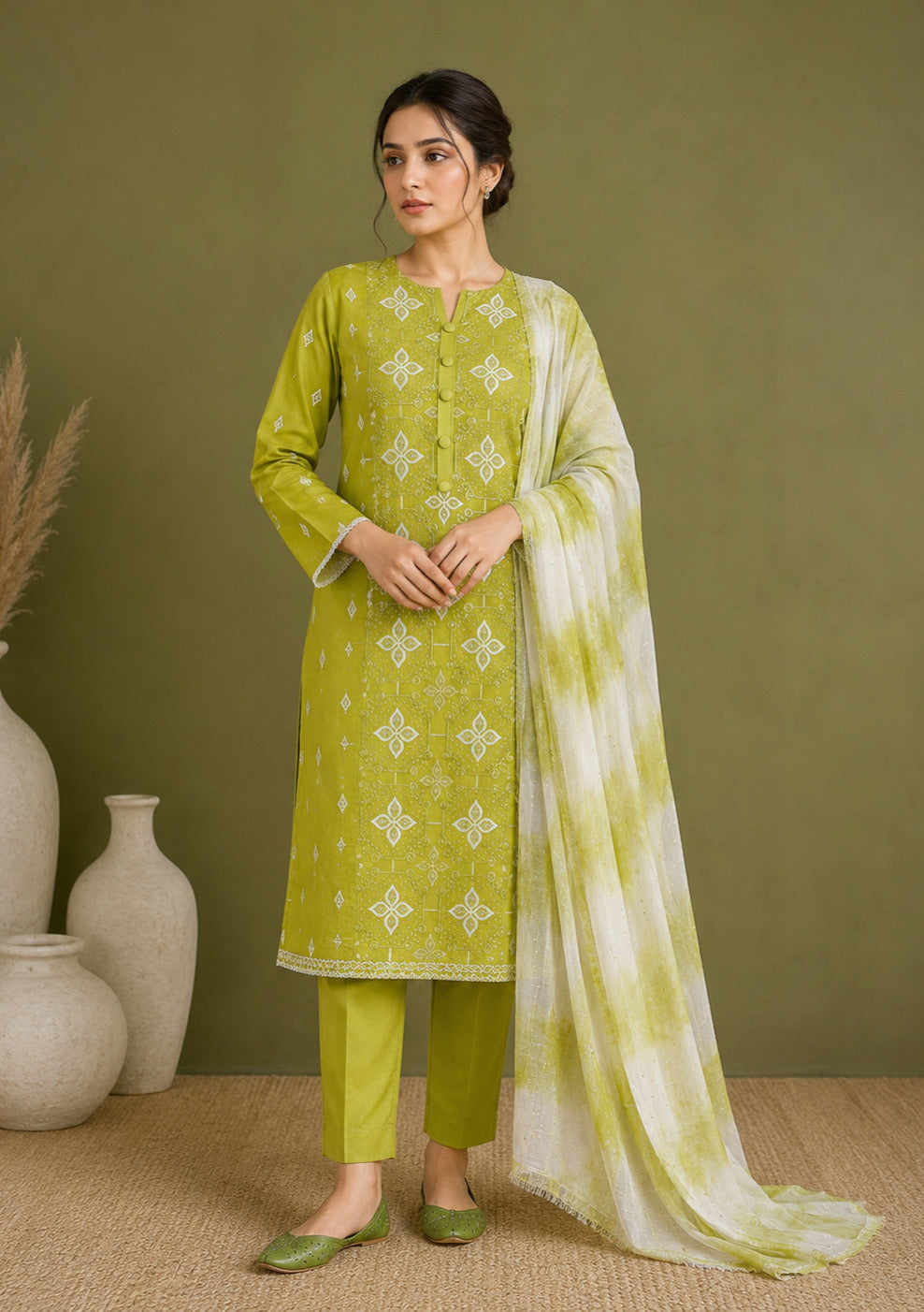 Lime Green Embroidered Unstitched Suit Set with Tie Dye Dupatta