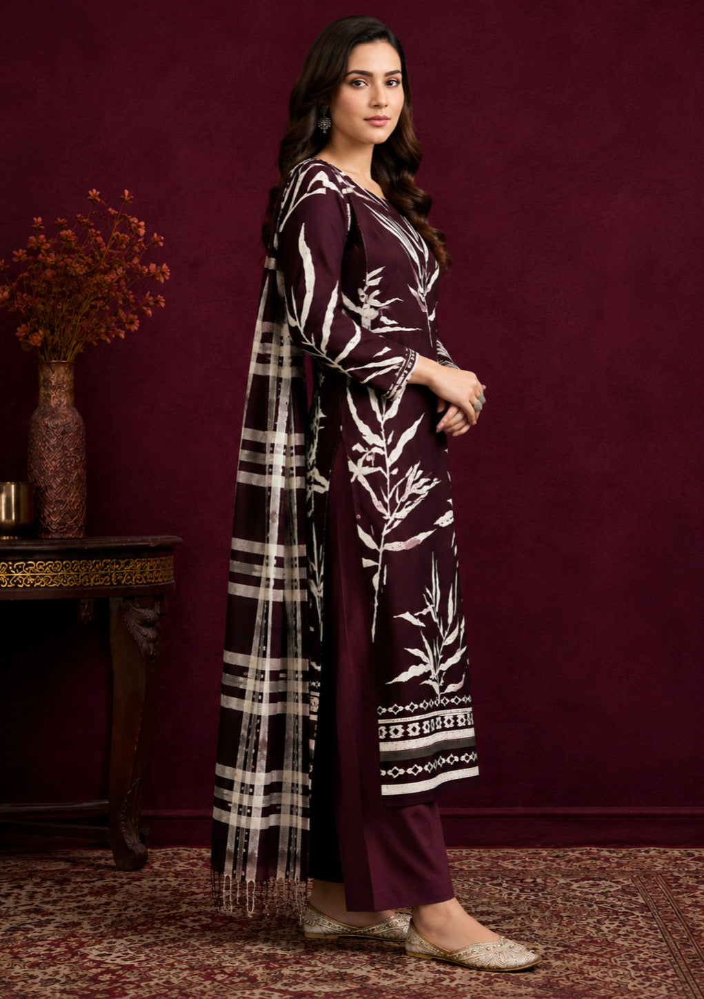 Wine Heritage Shawl Unstitched Suit Set