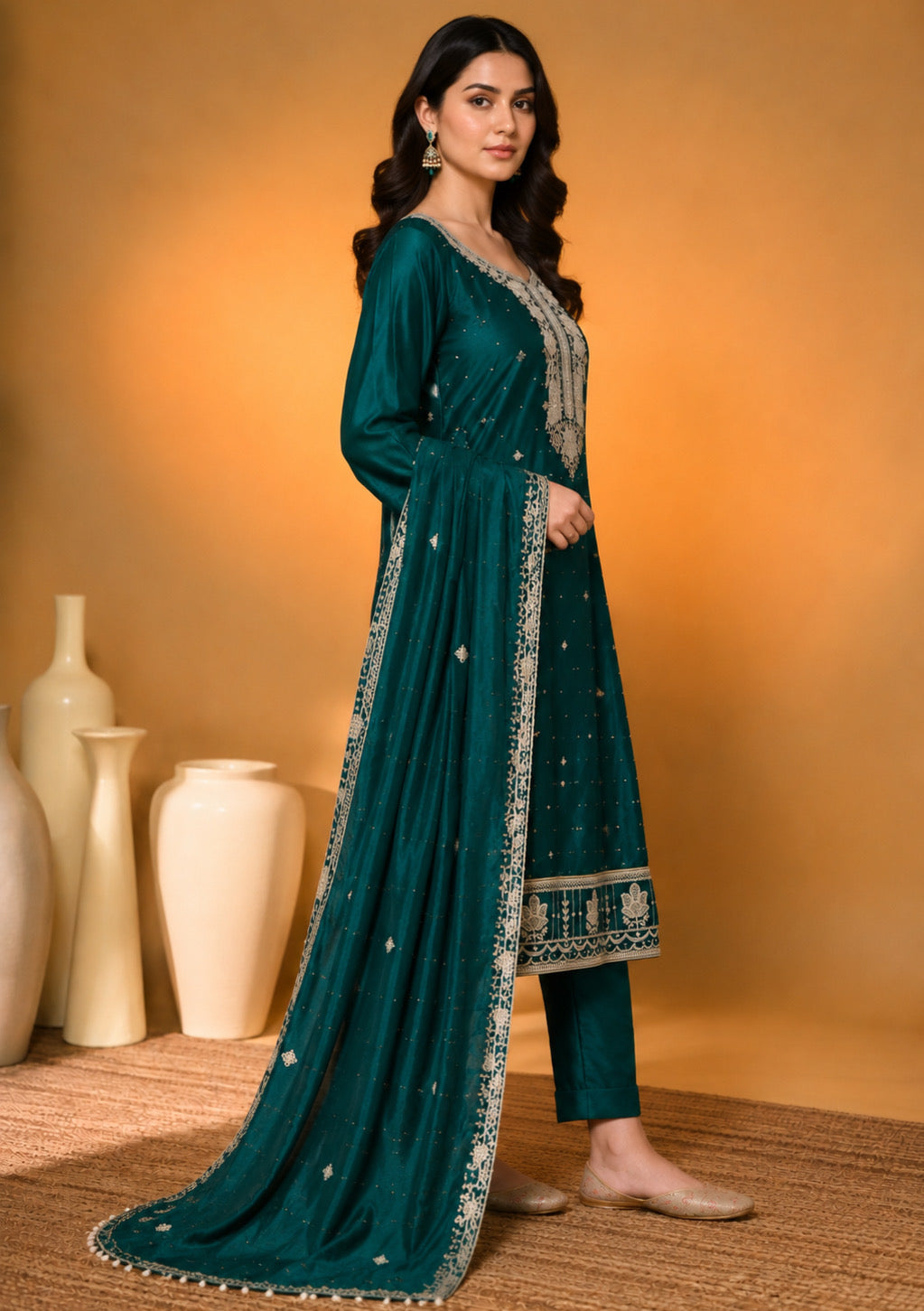 Teal Green Designer Embroidered Modal Silk Suit Set