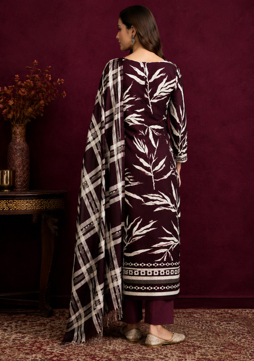 Wine Heritage Shawl Unstitched Suit Set