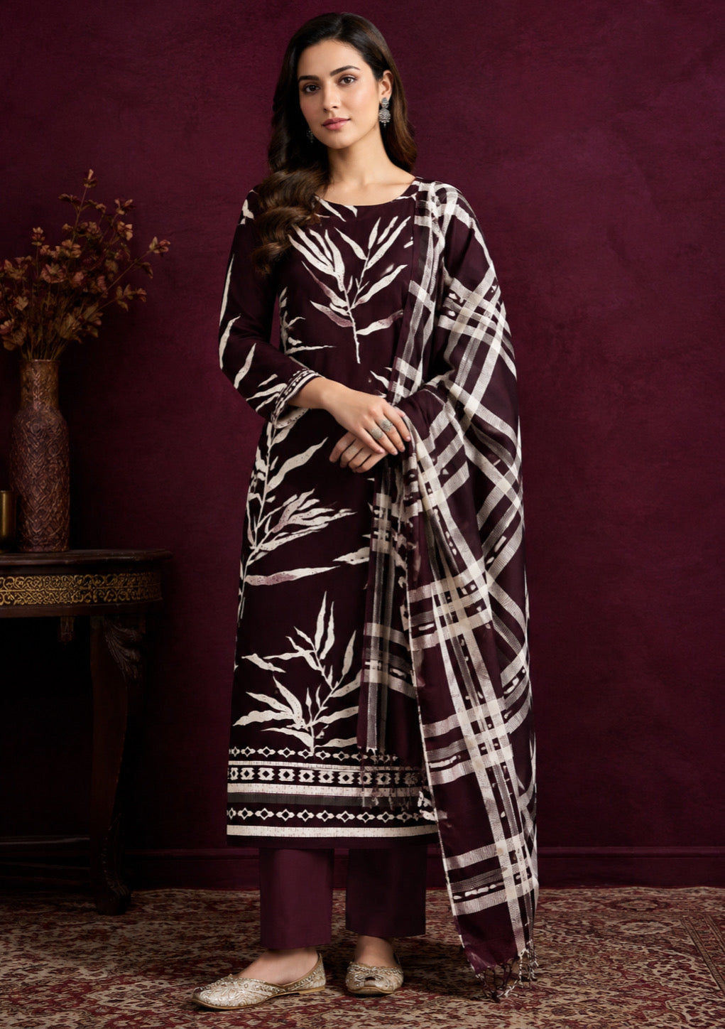 Wine Heritage Shawl Unstitched Suit Set