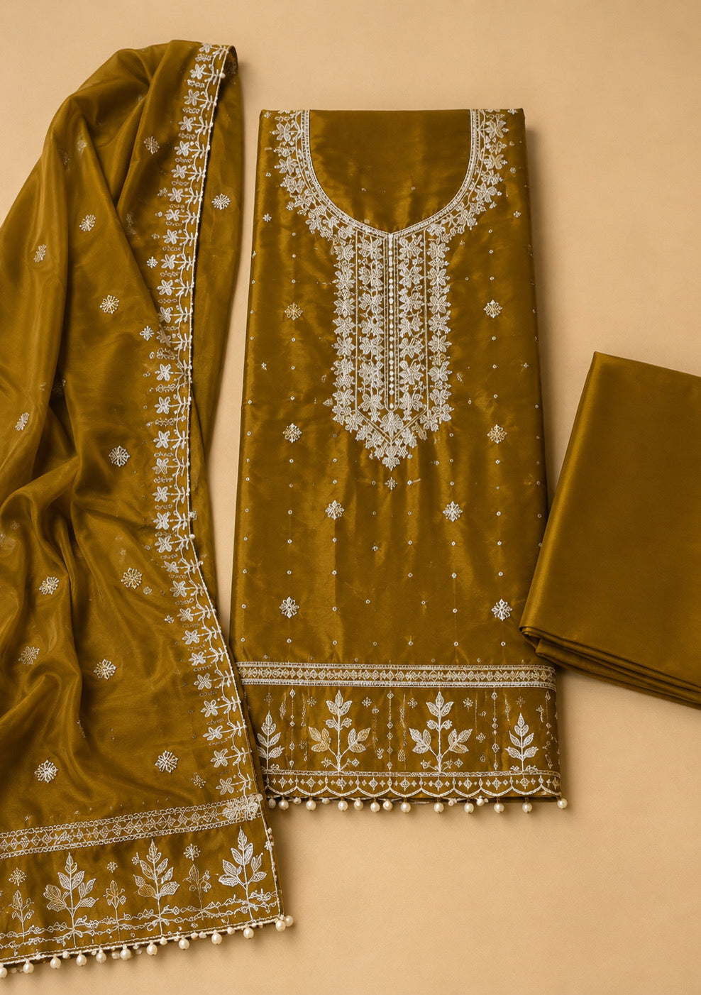 Mustard Gold Designer Embroidered Modal Silk Suit Set