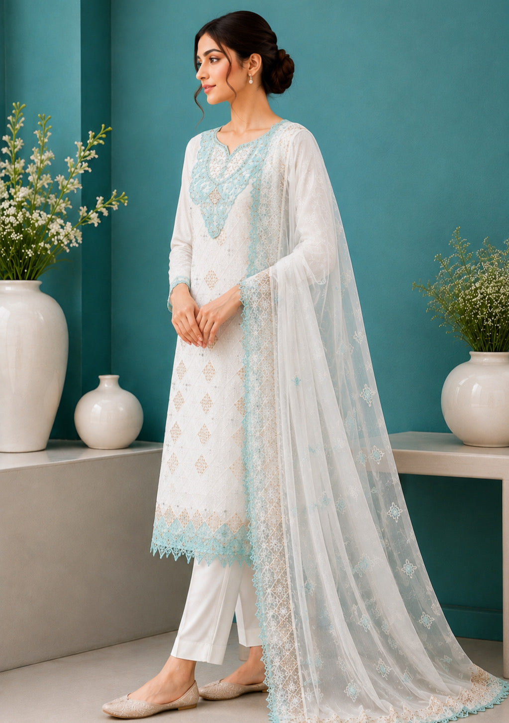 Ivory Sky Elegance Unstitched Suit Set