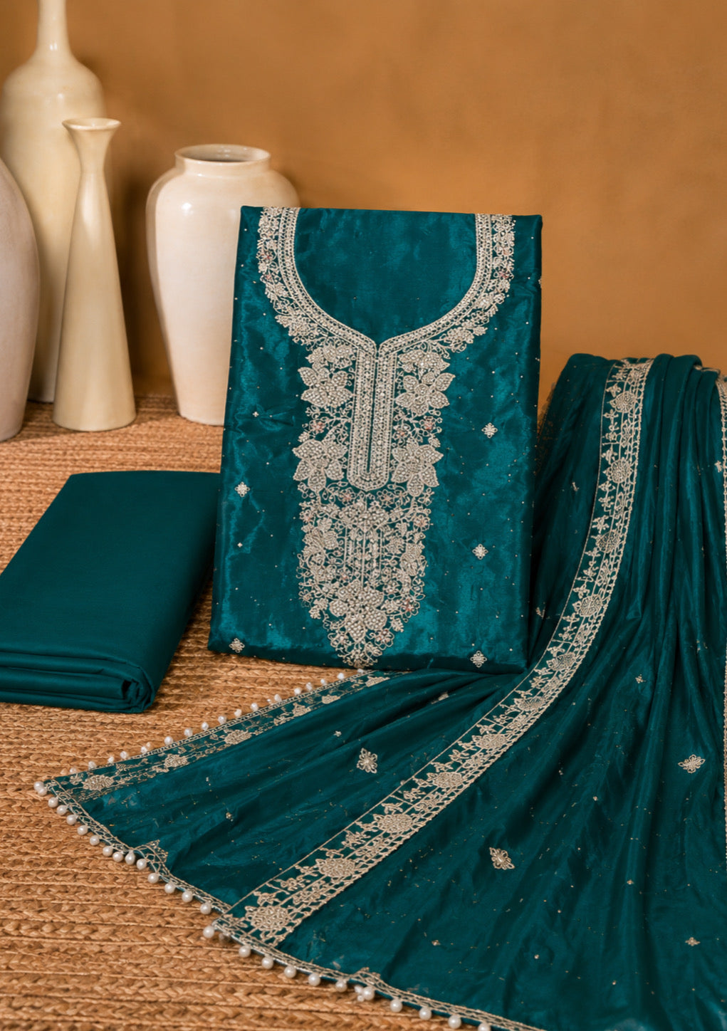 Teal Green Designer Embroidered Modal Silk Suit Set