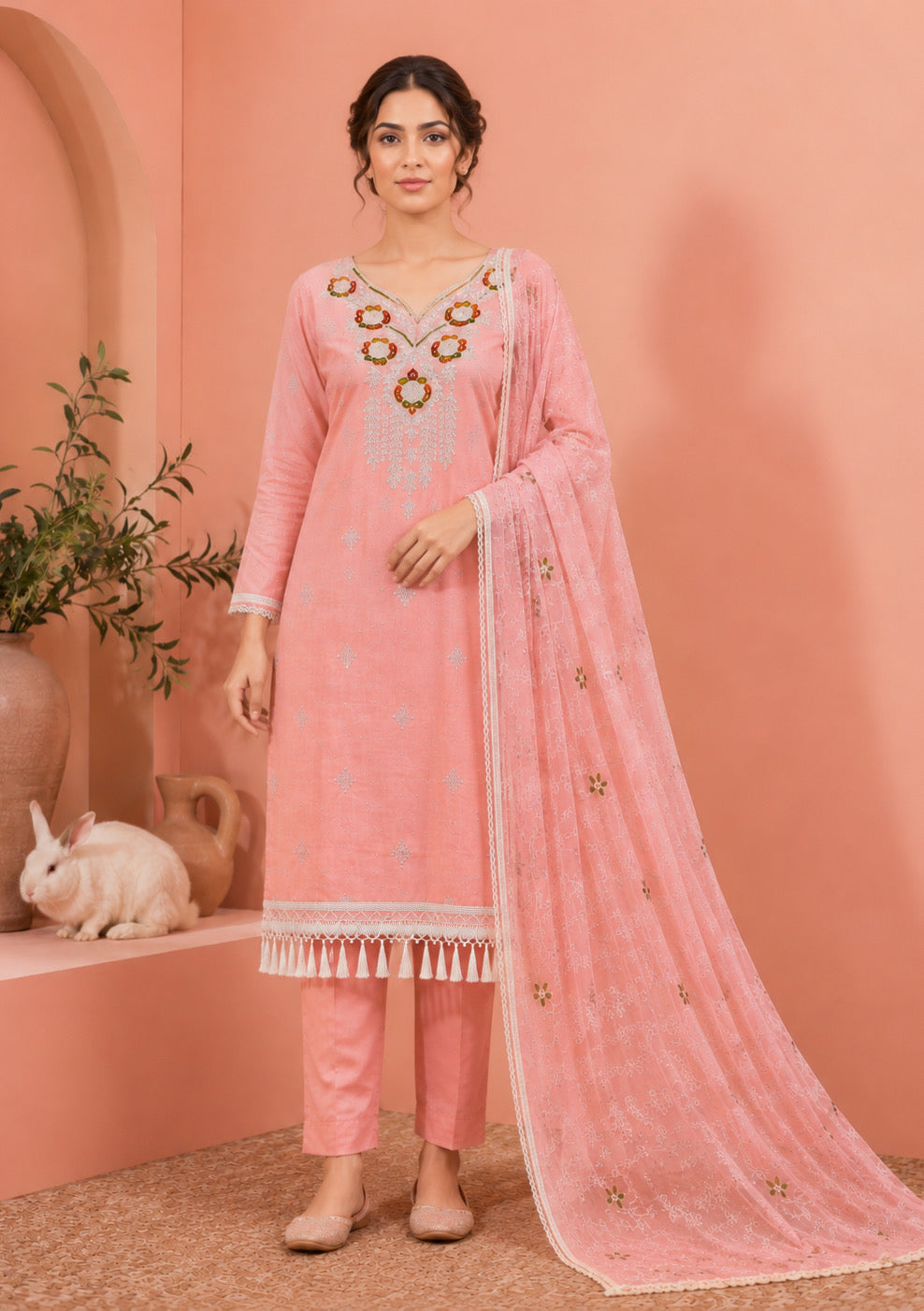 Peach Pink Embroidered Unstitched Suit Set with Designer Embroidered Dupatta
