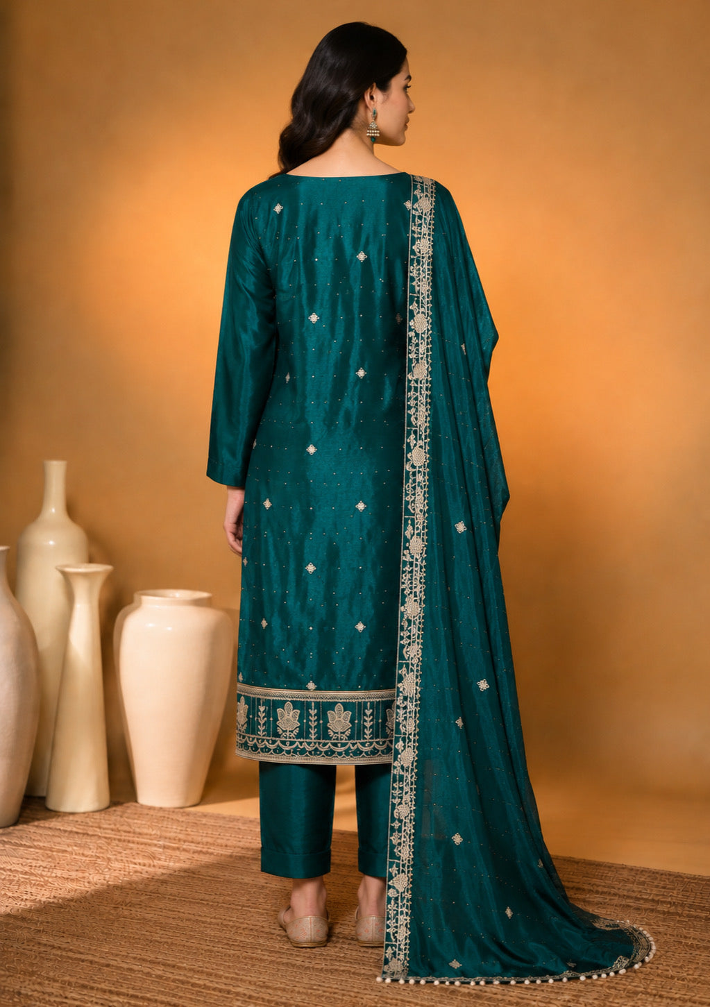 Teal Green Designer Embroidered Modal Silk Suit Set