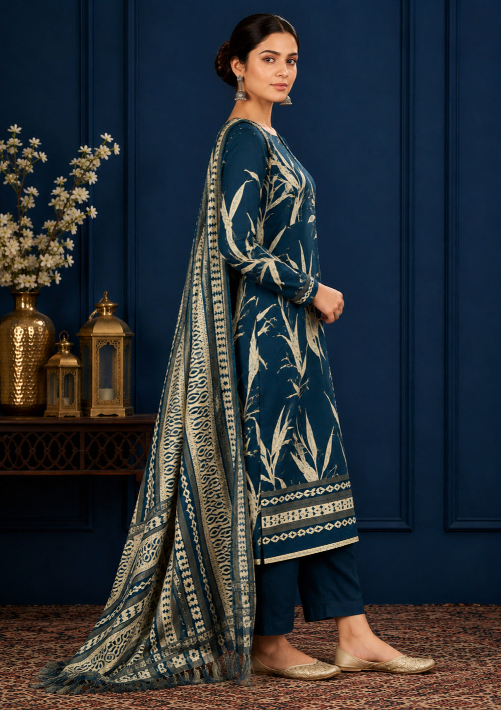 Teal Blue Heritage Shawl Unstitched Suit Set