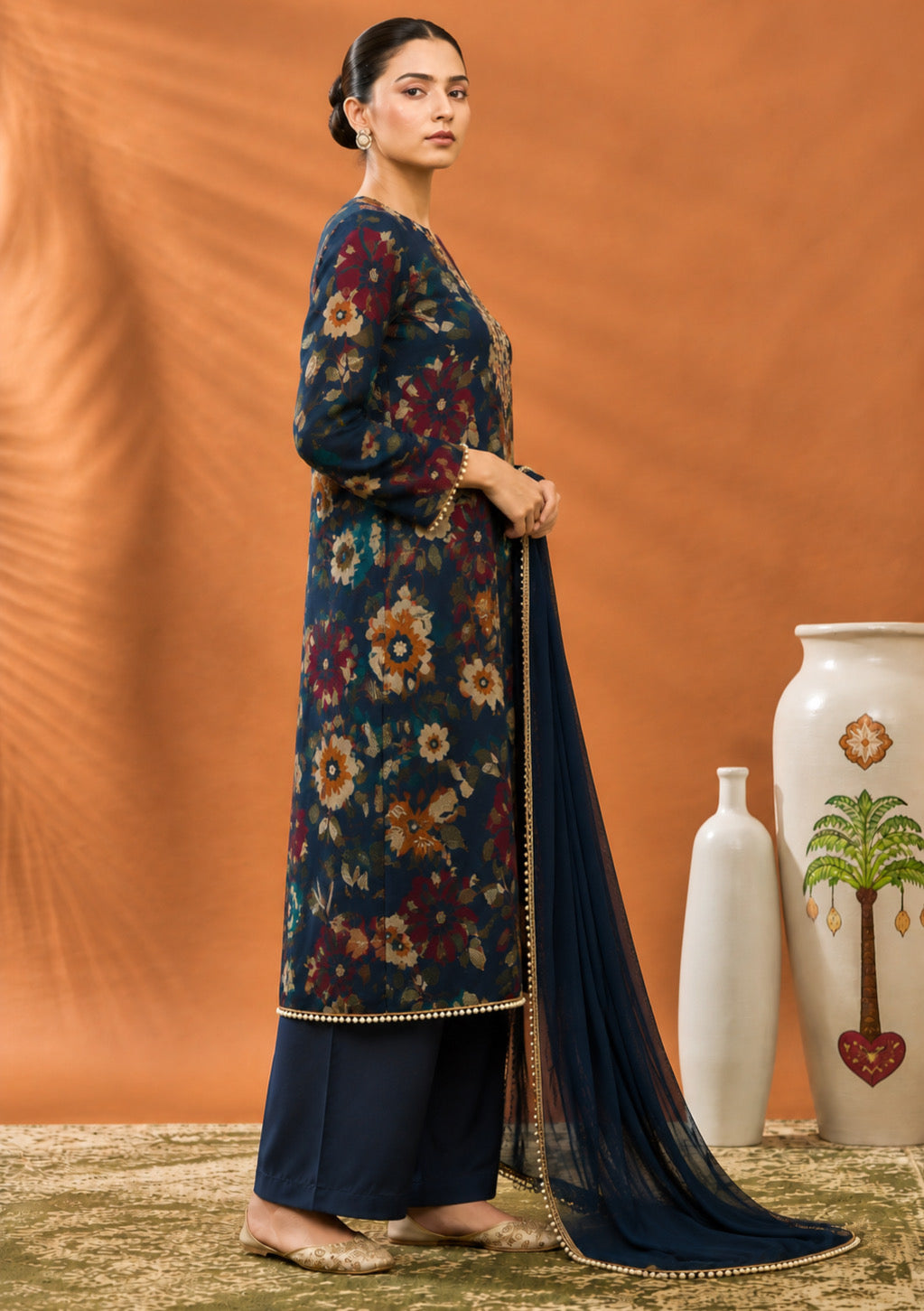 Navy Blue Midnight Bloom Unstitched Suit Set