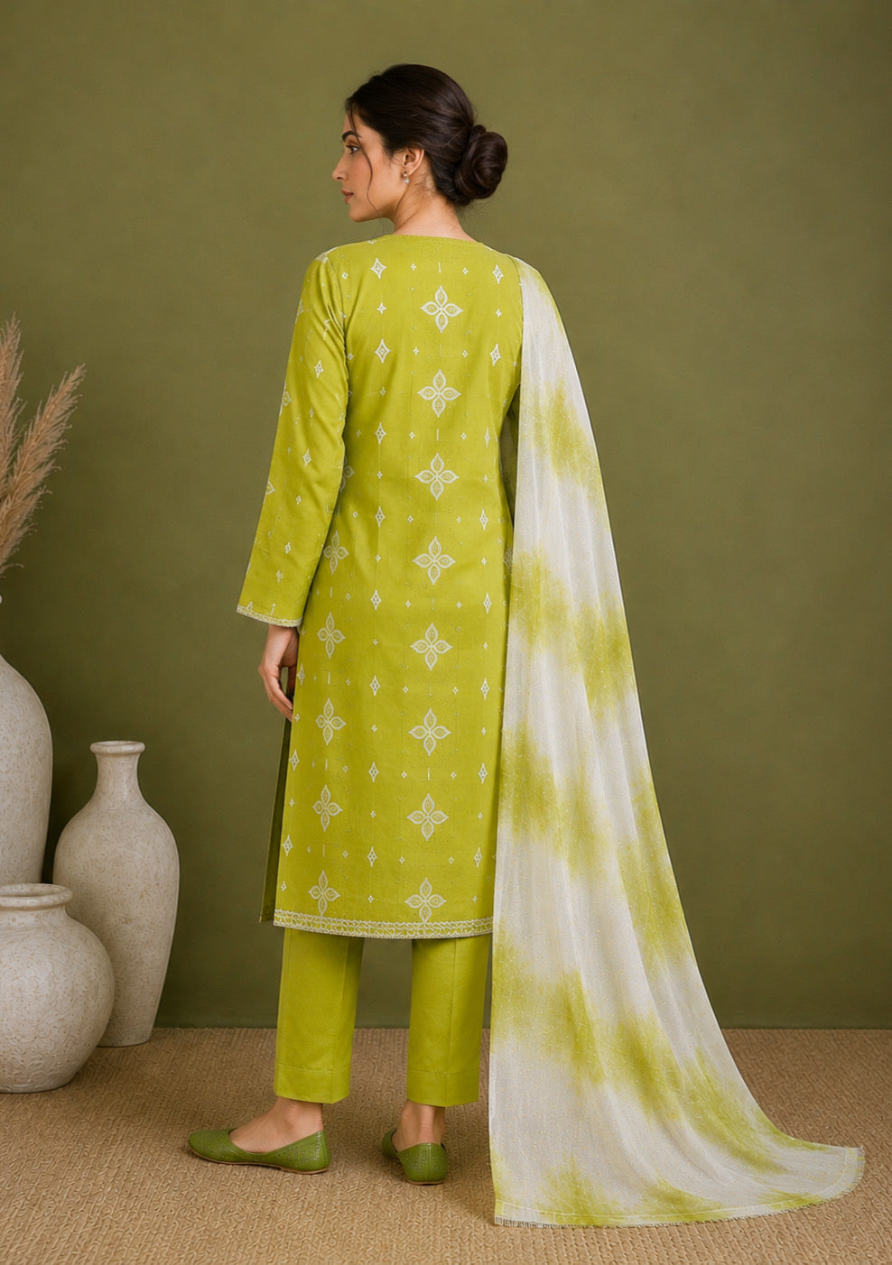 Lime Green Embroidered Unstitched Suit Set with Tie Dye Dupatta