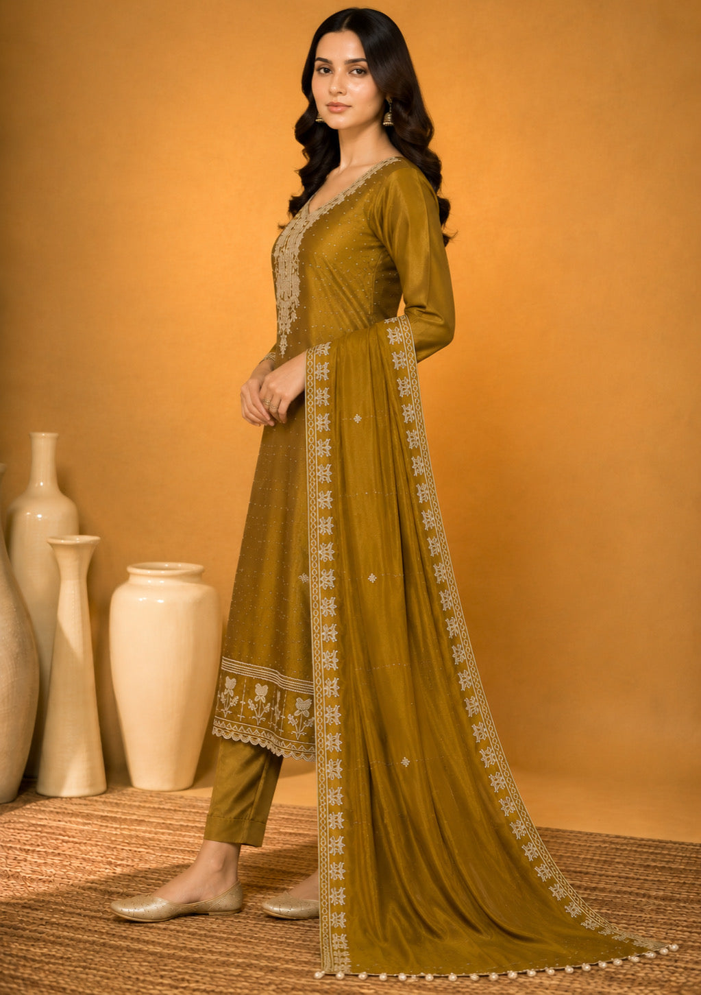 Mustard Designer Modal Silk Unstitched Suit Set