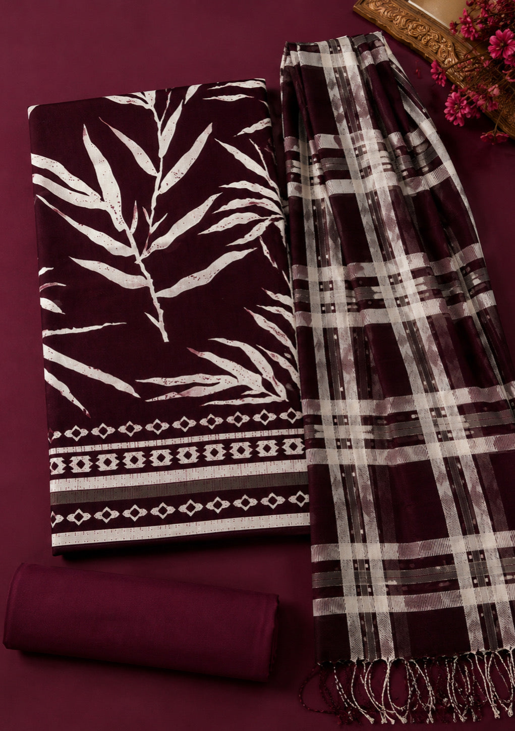 Wine Heritage Shawl Unstitched Suit Set