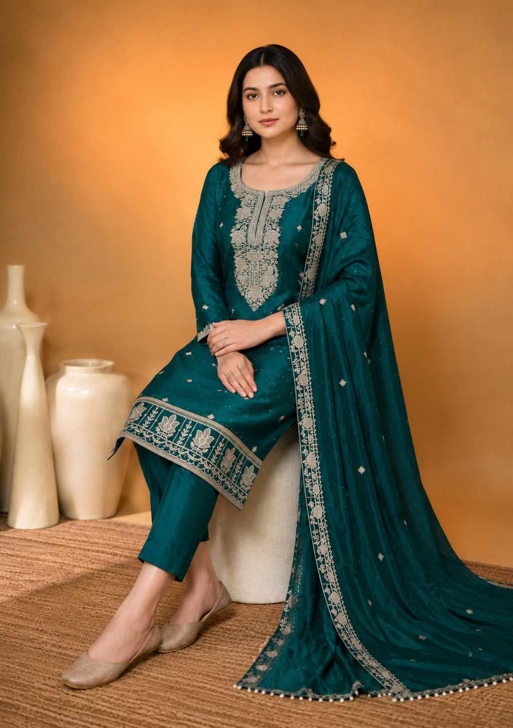 Teal Green Designer Embroidered Modal Silk Suit Set