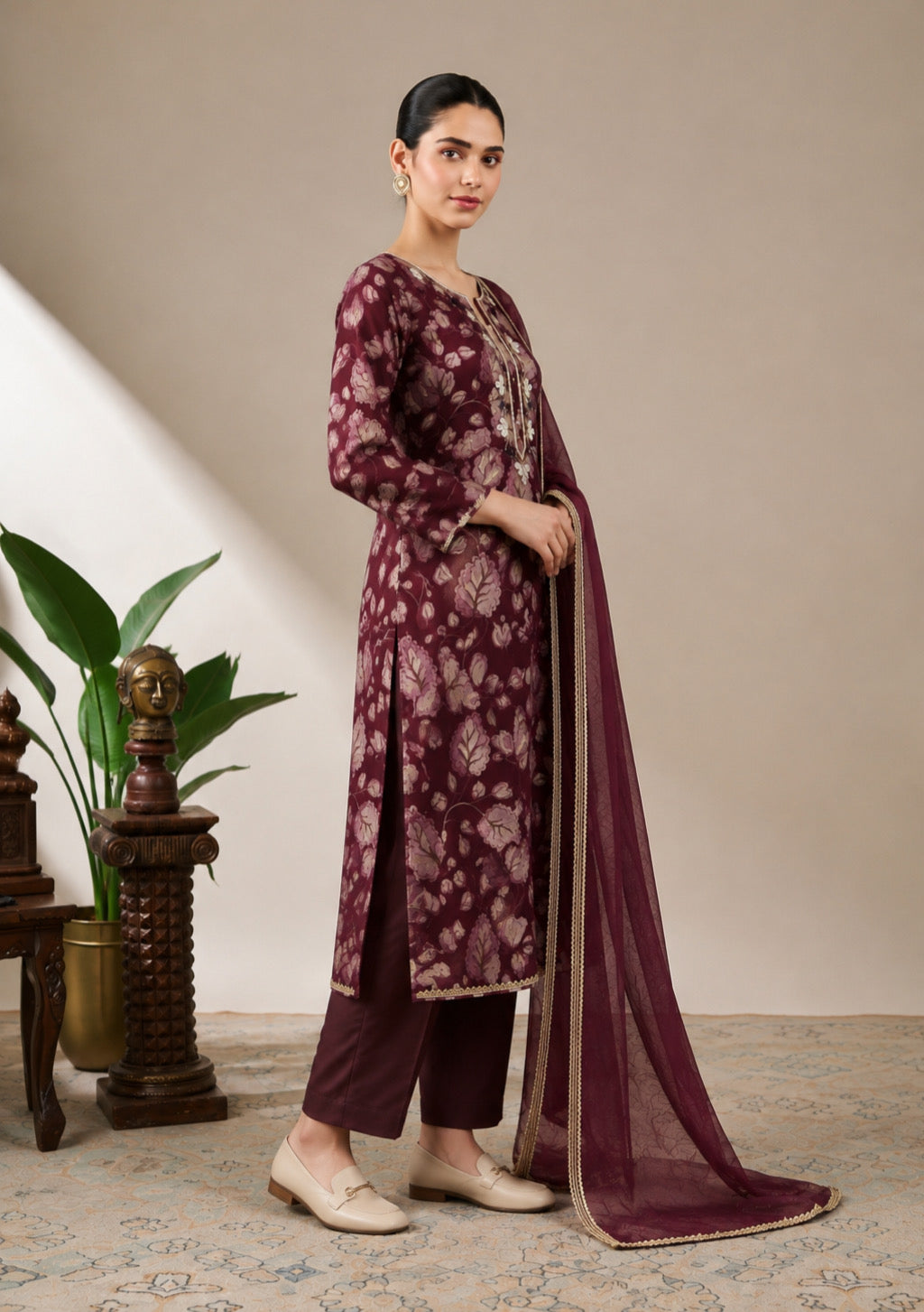 Wine Bloom Elegance Unstitched Suit Set
