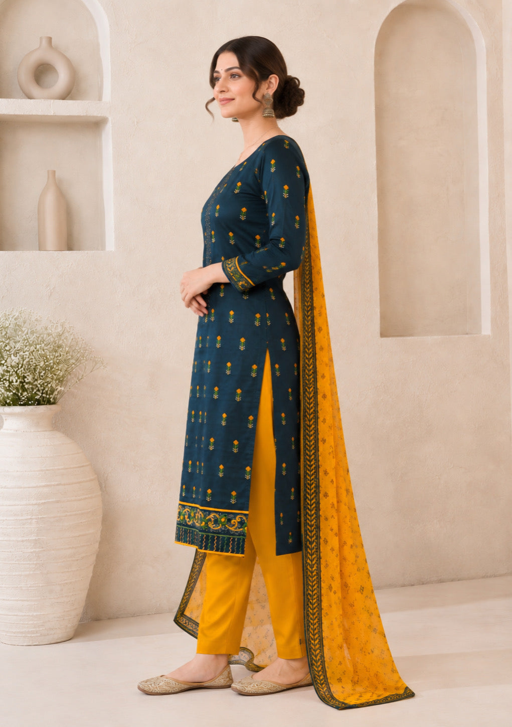 Teal Blue & Mustard Printed Unstitched Cotton Suit Dress Material