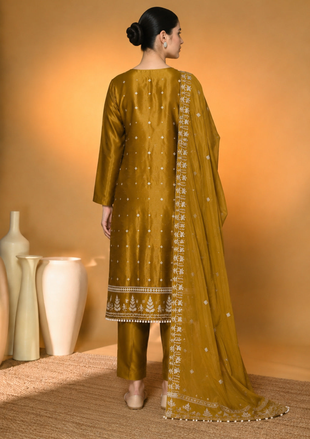 Mustard Gold Designer Embroidered Modal Silk Suit Set