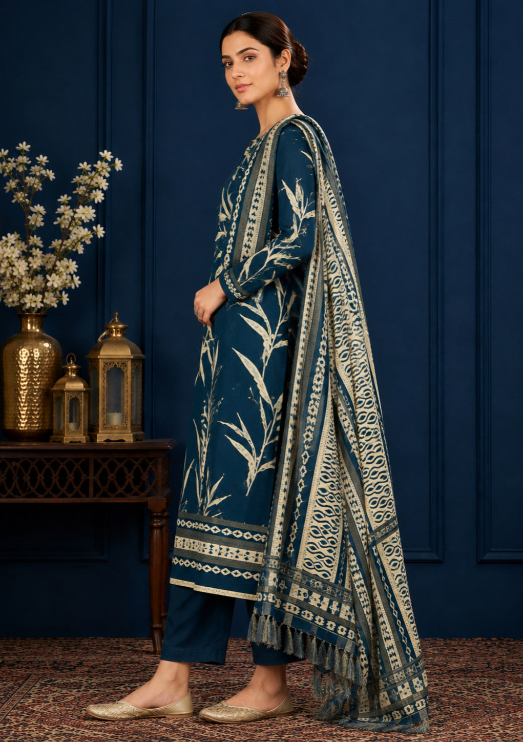 Teal Blue Heritage Shawl Unstitched Suit Set