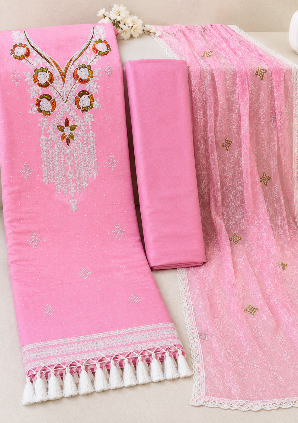 Baby Pink Embroidered Unstitched Suit Set with Designer Embroidered Dupatta