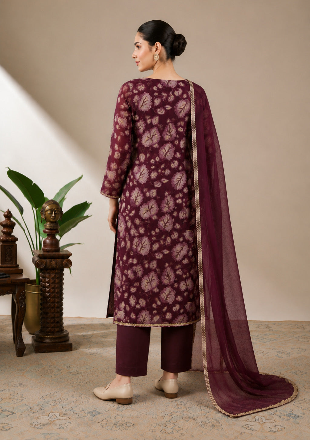 Wine Bloom Elegance Unstitched Suit Set