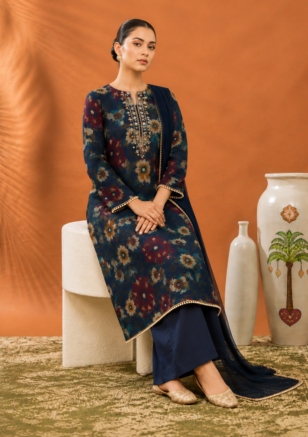 Navy Blue Midnight Bloom Unstitched Suit Set