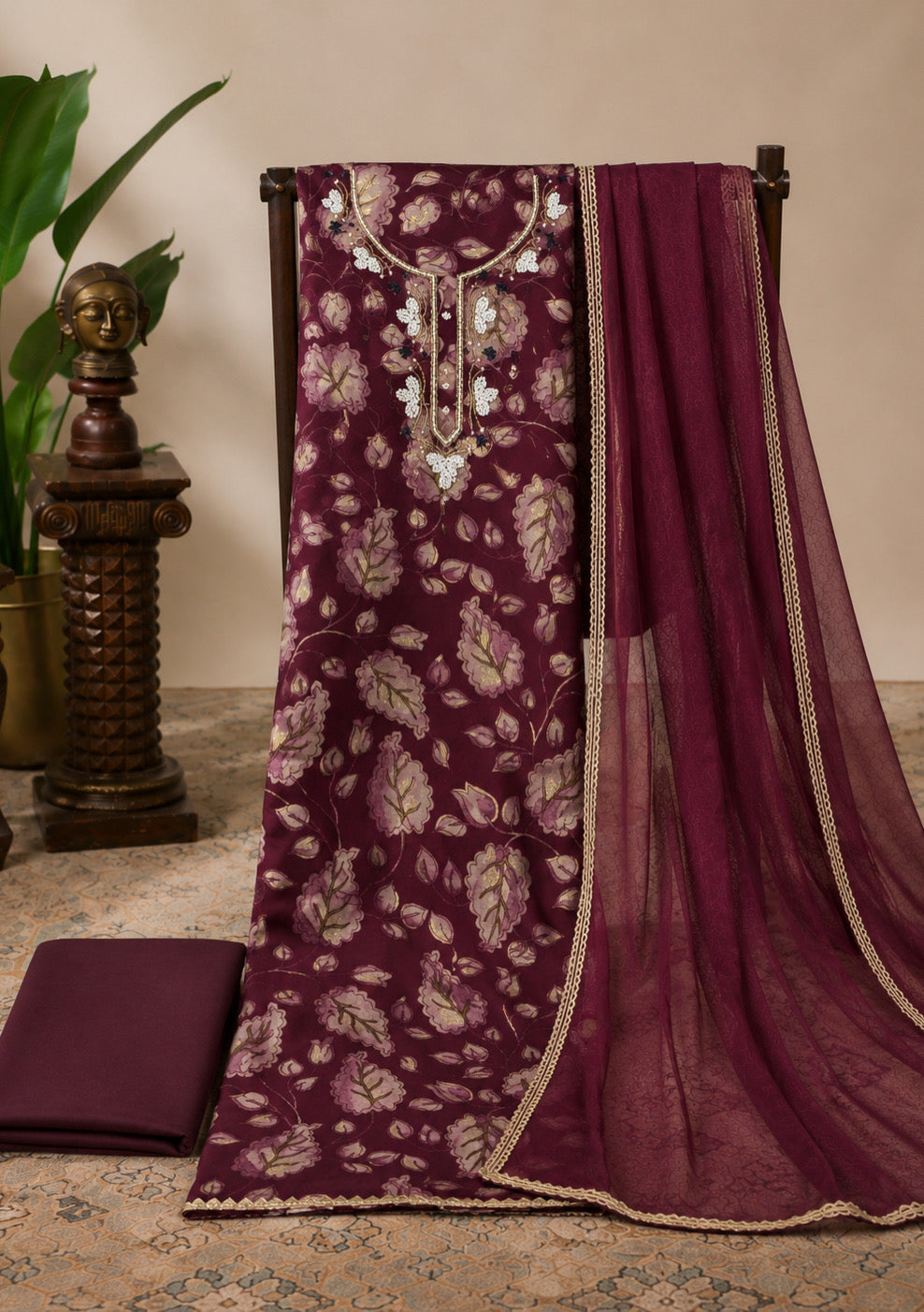 Wine Bloom Elegance Unstitched Suit Set