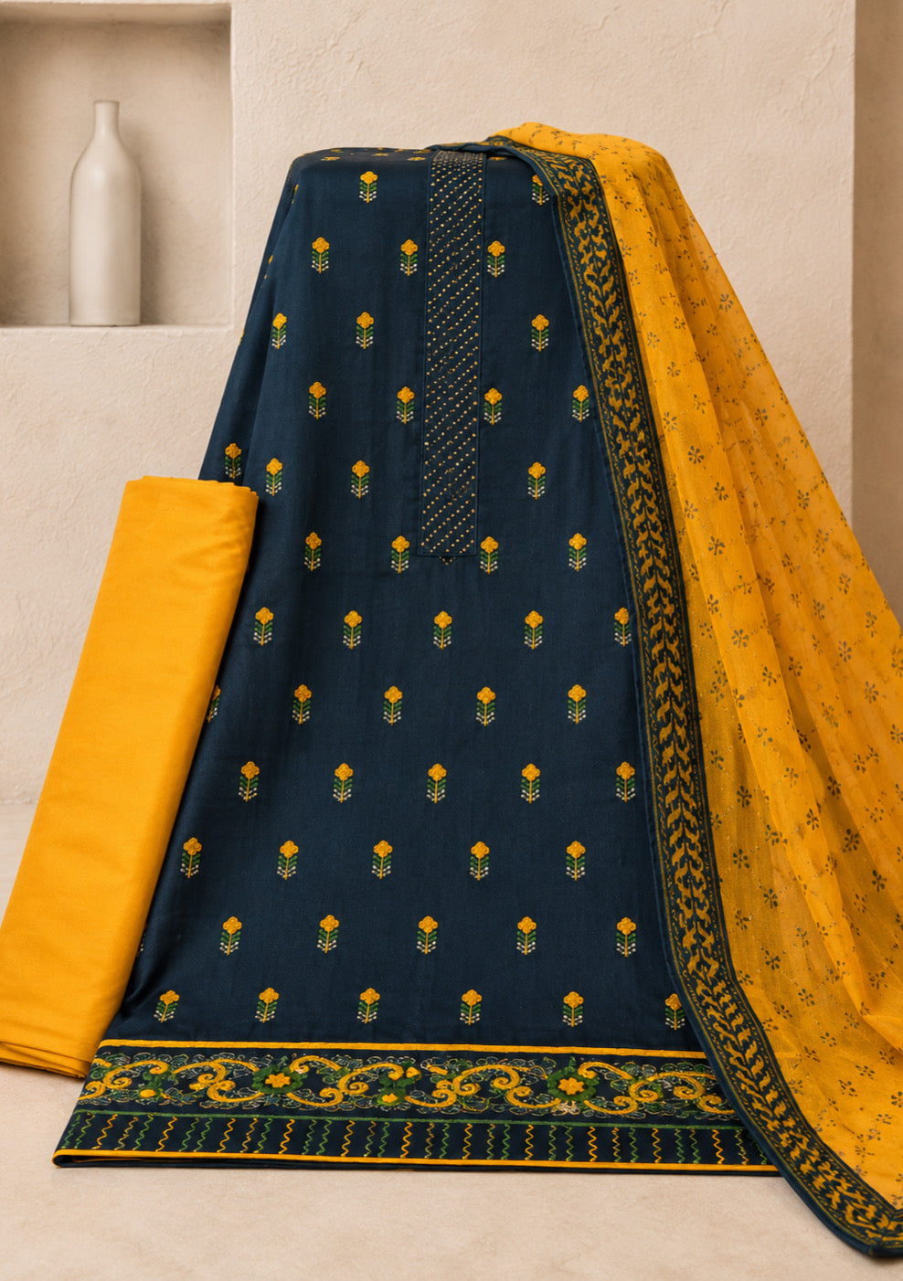Teal Blue & Mustard Printed Unstitched Cotton Suit Dress Material