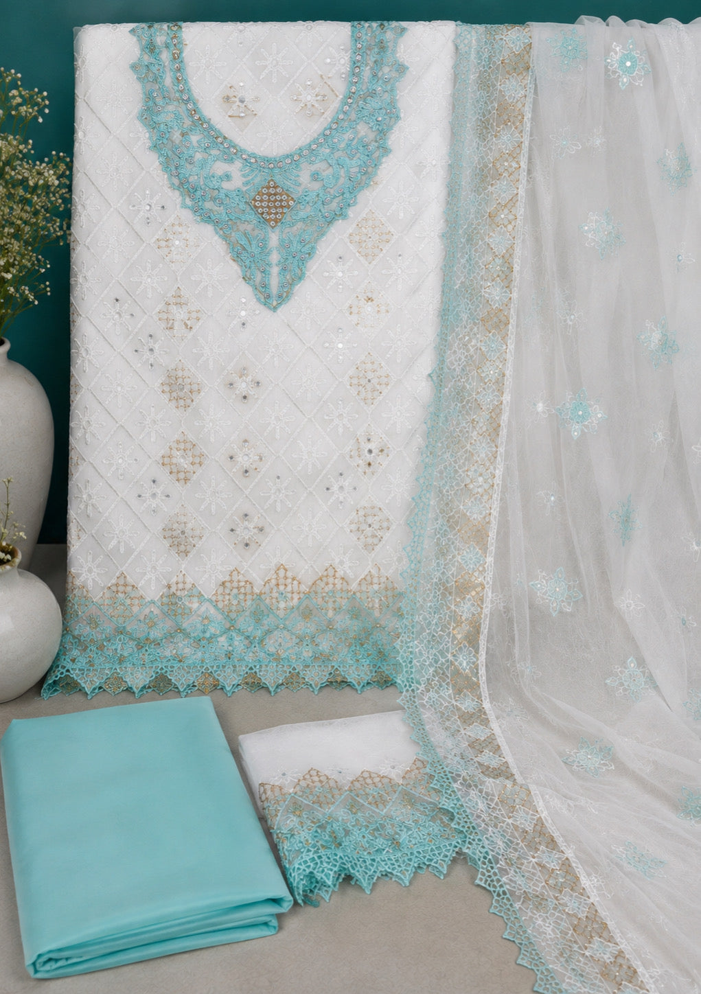 Ivory Sky Elegance Unstitched Suit Set
