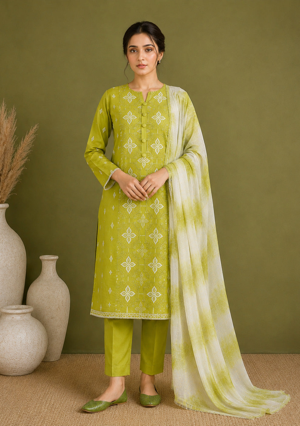 Lime Green Embroidered Unstitched Suit Set with Tie Dye Dupatta