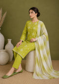 Lime Green Embroidered Unstitched Suit Set with Tie Dye Dupatta