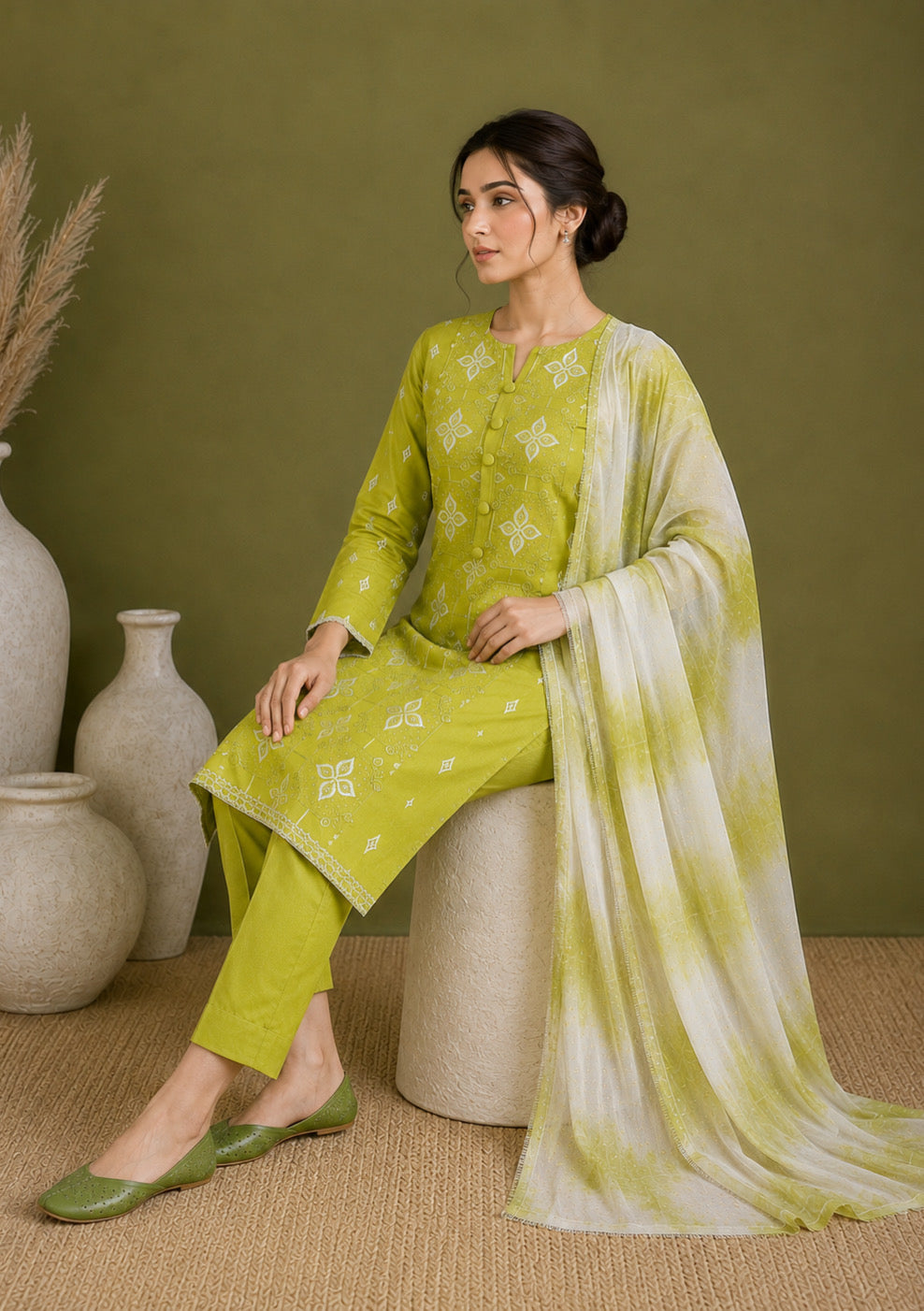 Lime Green Embroidered Unstitched Suit Set with Tie Dye Dupatta