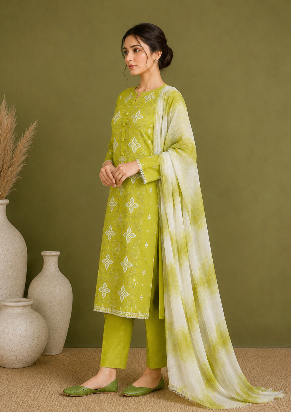 Lime Green Embroidered Unstitched Suit Set with Tie Dye Dupatta