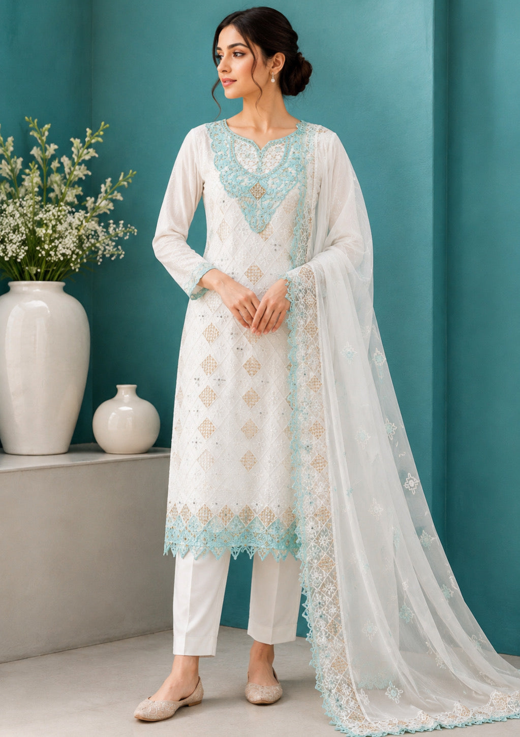Ivory Sky Elegance Unstitched Suit Set