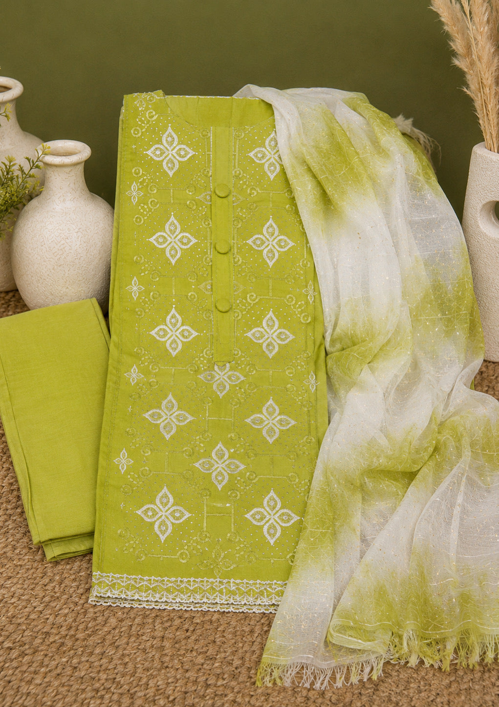 Lime Green Embroidered Unstitched Suit Set with Tie Dye Dupatta