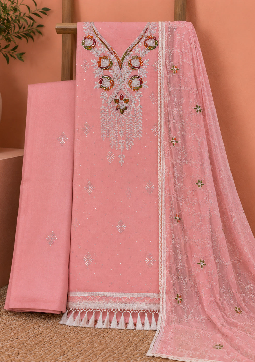 Peach Pink Embroidered Unstitched Suit Set with Designer Embroidered Dupatta