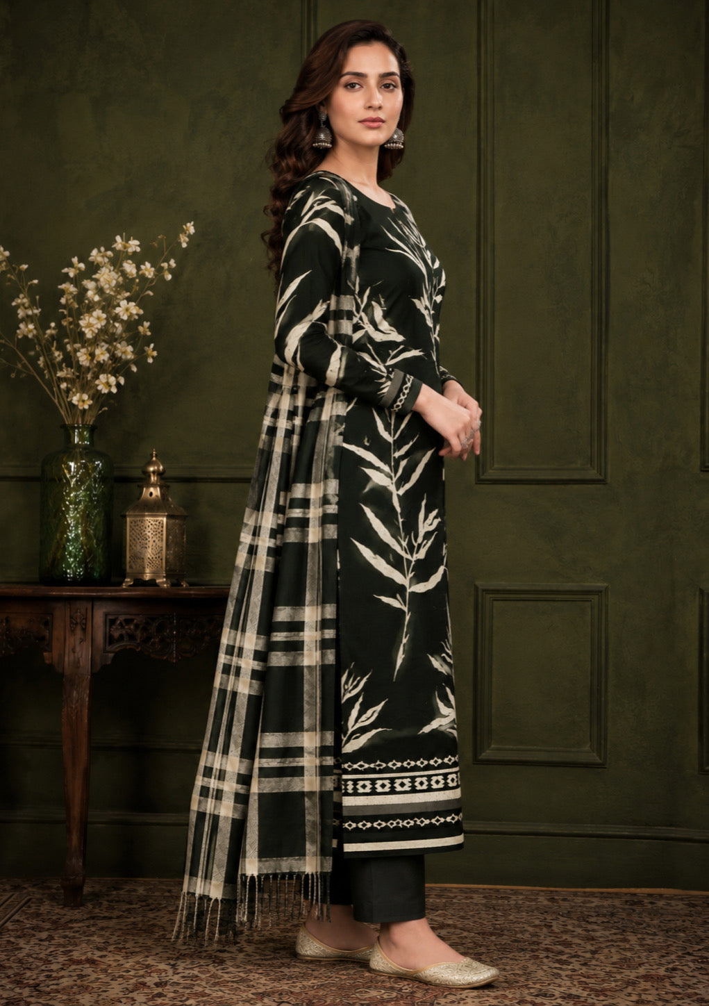 Olive Green Heritage Shawl Unstitched Suit Set