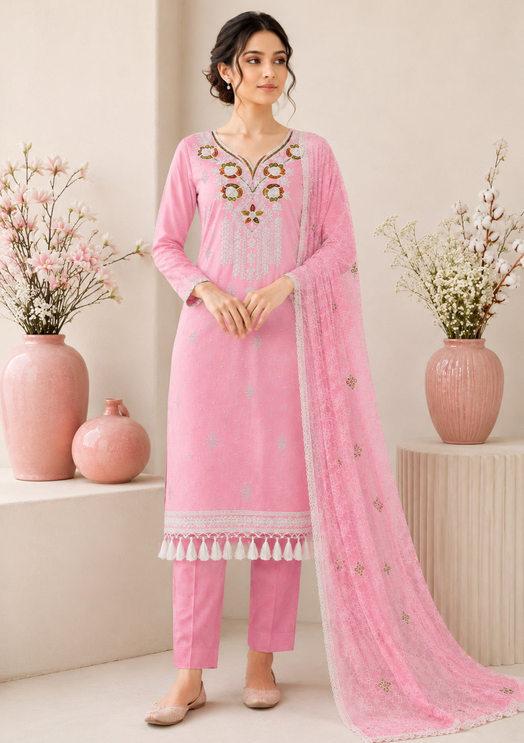 Baby Pink Embroidered Unstitched Suit Set with Designer Embroidered Dupatta