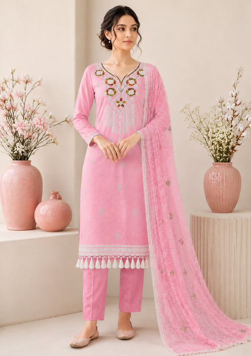 Baby Pink Embroidered Unstitched Suit Set with Designer Embroidered Dupatta