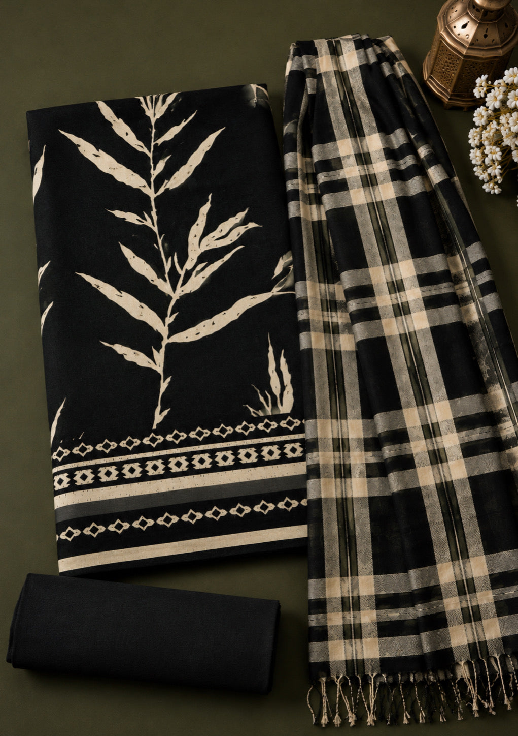Olive Green Heritage Shawl Unstitched Suit Set
