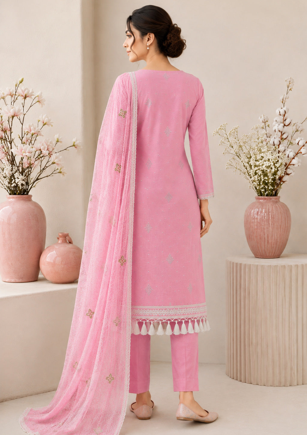 Baby Pink Embroidered Unstitched Suit Set with Designer Embroidered Dupatta